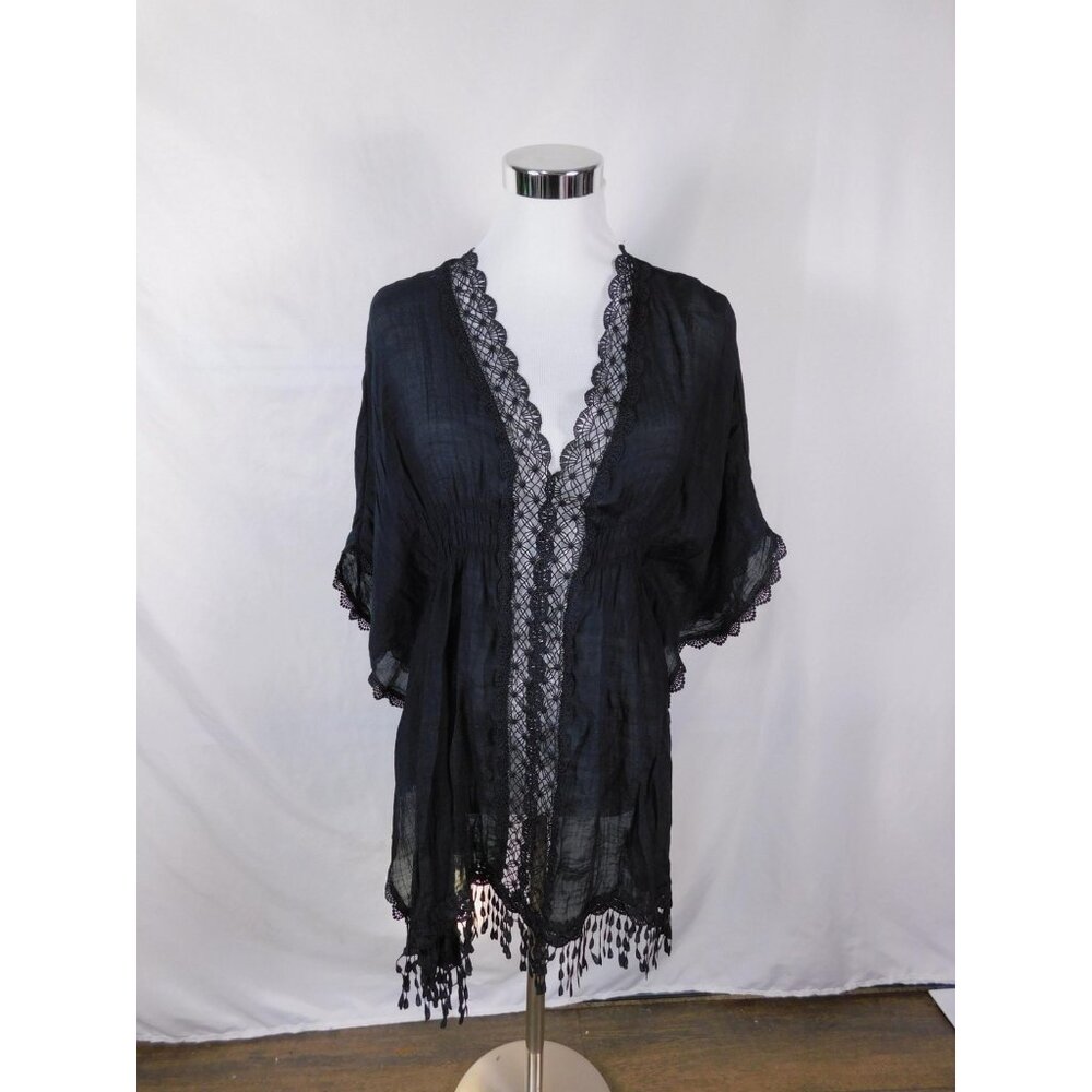 Time And Tru Blouse Womens One Size Black Kimono Crochet Fringe Sheer Pullover